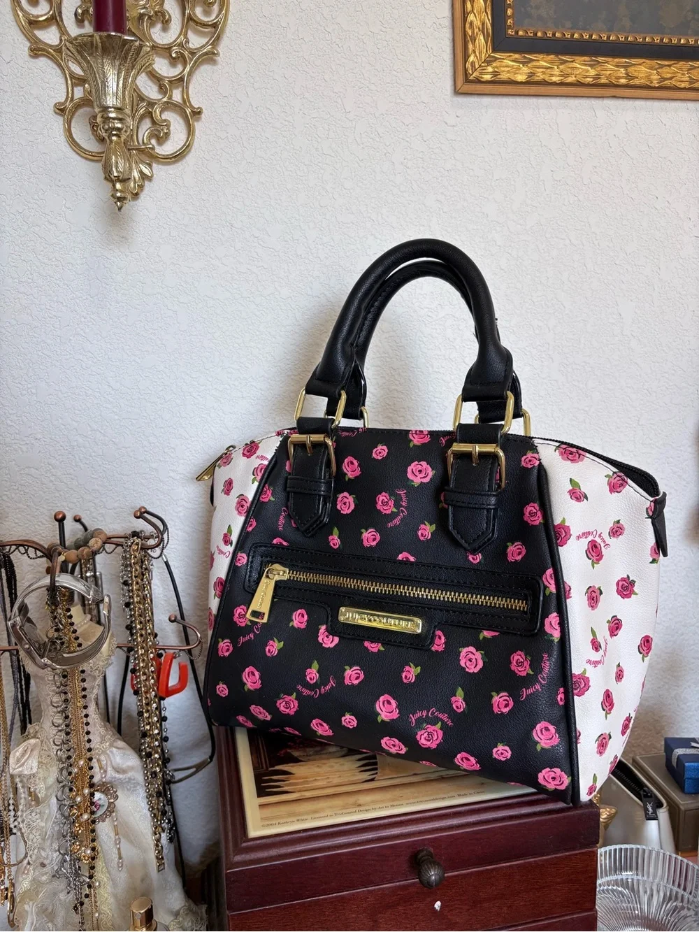 Juicy Couture Black and White Satchel Handbag with Pink Rose Floral Print